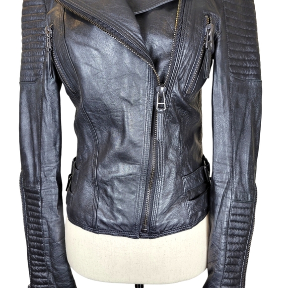 Zara Basic Black Lambskin Motorcycle Jacket Size Small - Picture 3 of 16